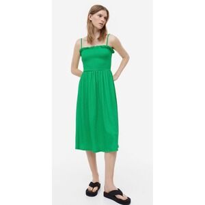 H&M Green Smocked Midi Dress Ruffle Textured Sundress Womens Size M